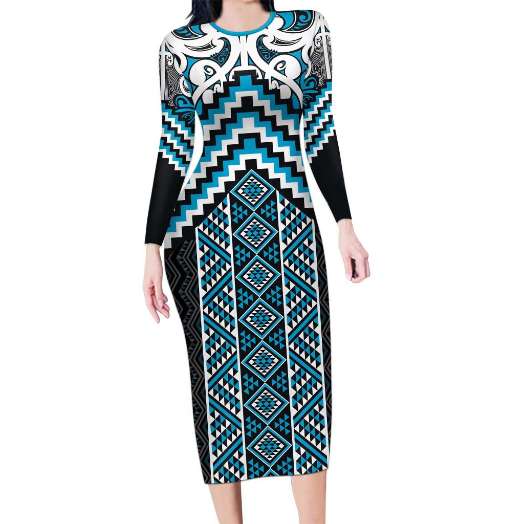 Maori Tukutuku Taniko Motifs Family Matching Long Sleeve Bodycon Dress and Hawaiian Shirt Turquoise Poutama Mix Kowhaiwhai LT7 Mom's Dress Turquoise - Polynesian Pride