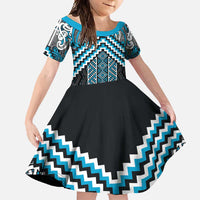 Maori Tukutuku Taniko Motifs Family Matching Mermaid Dress and Hawaiian Shirt Turquoise Poutama Mix Kowhaiwhai LT7 Daughter's Dress Turquoise - Polynesian Pride