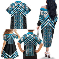 Maori Tukutuku Taniko Motifs Family Matching Off The Shoulder Long Sleeve Dress and Hawaiian Shirt Turquoise Poutama Mix Kowhaiwhai LT7 - Polynesian Pride