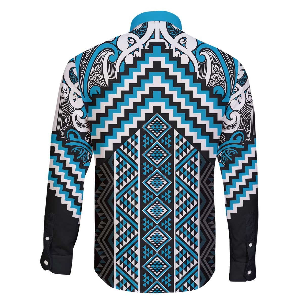 Maori Tukutuku Taniko Motifs Family Matching Off The Shoulder Long Sleeve Dress and Hawaiian Shirt Turquoise Poutama Mix Kowhaiwhai LT7 - Polynesian Pride