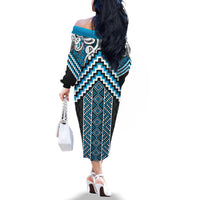 Maori Tukutuku Taniko Motifs Family Matching Off The Shoulder Long Sleeve Dress and Hawaiian Shirt Turquoise Poutama Mix Kowhaiwhai LT7 - Polynesian Pride