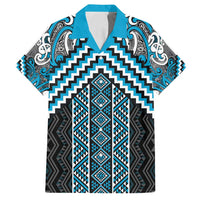 Maori Tukutuku Taniko Motifs Family Matching Off Shoulder Maxi Dress and Hawaiian Shirt Turquoise Poutama Mix Kowhaiwhai LT7 Dad's Shirt - Short Sleeve Turquoise - Polynesian Pride