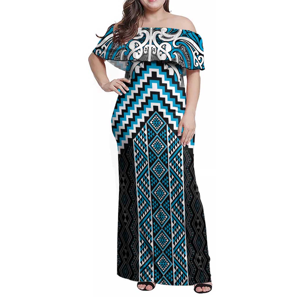 Maori Tukutuku Taniko Motifs Family Matching Off Shoulder Maxi Dress and Hawaiian Shirt Turquoise Poutama Mix Kowhaiwhai LT7 Mom's Dress Turquoise - Polynesian Pride