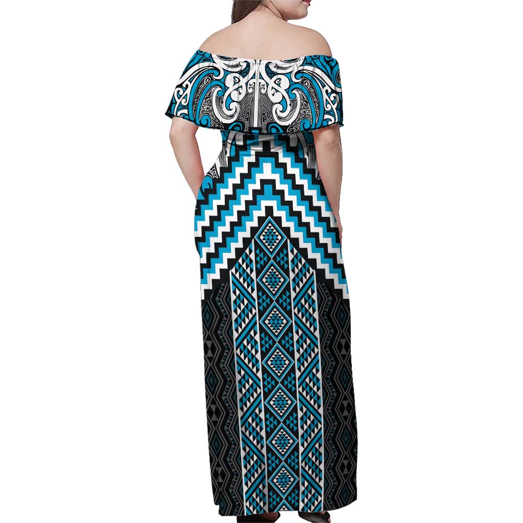 Maori Tukutuku Taniko Motifs Family Matching Off Shoulder Maxi Dress and Hawaiian Shirt Turquoise Poutama Mix Kowhaiwhai LT7 - Polynesian Pride