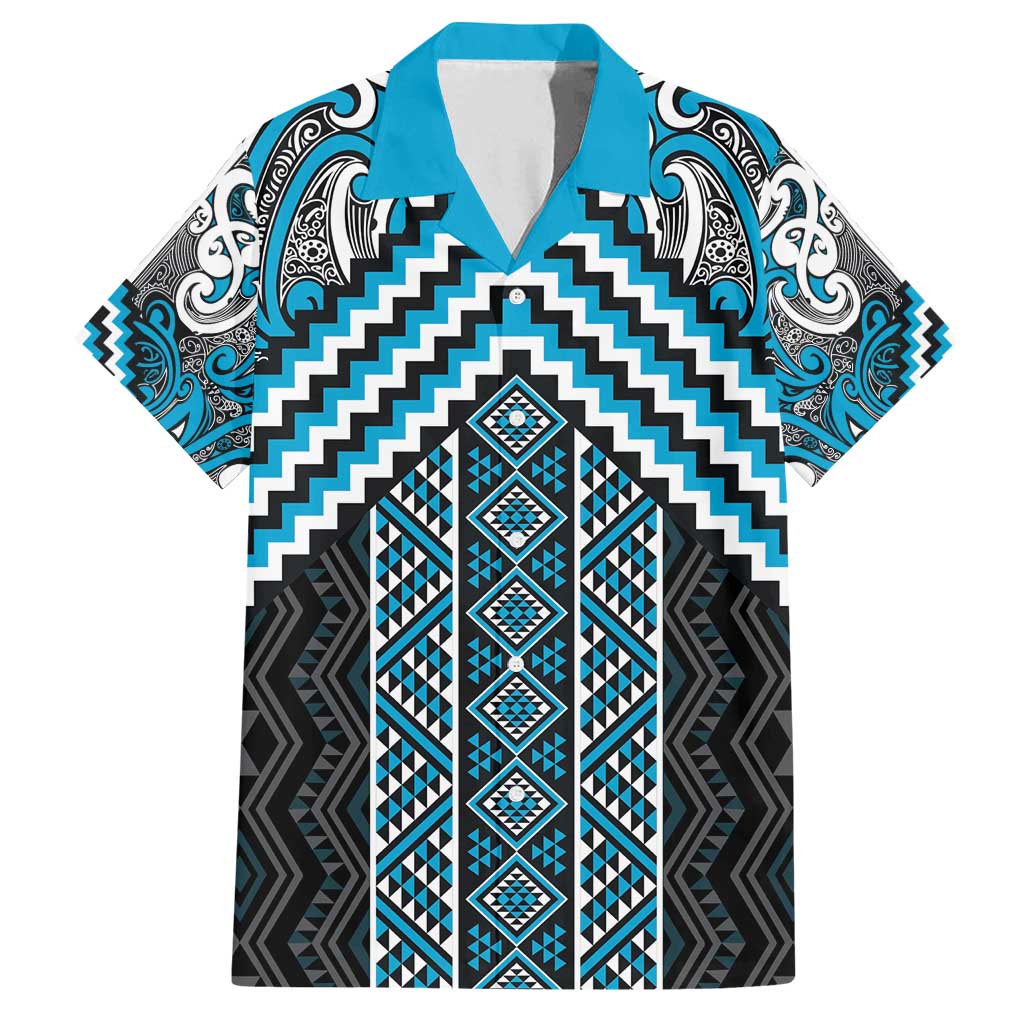 Maori Tukutuku Taniko Motifs Family Matching Off Shoulder Short Dress and Hawaiian Shirt Turquoise Poutama Mix Kowhaiwhai LT7 Dad's Shirt - Short Sleeve Turquoise - Polynesian Pride
