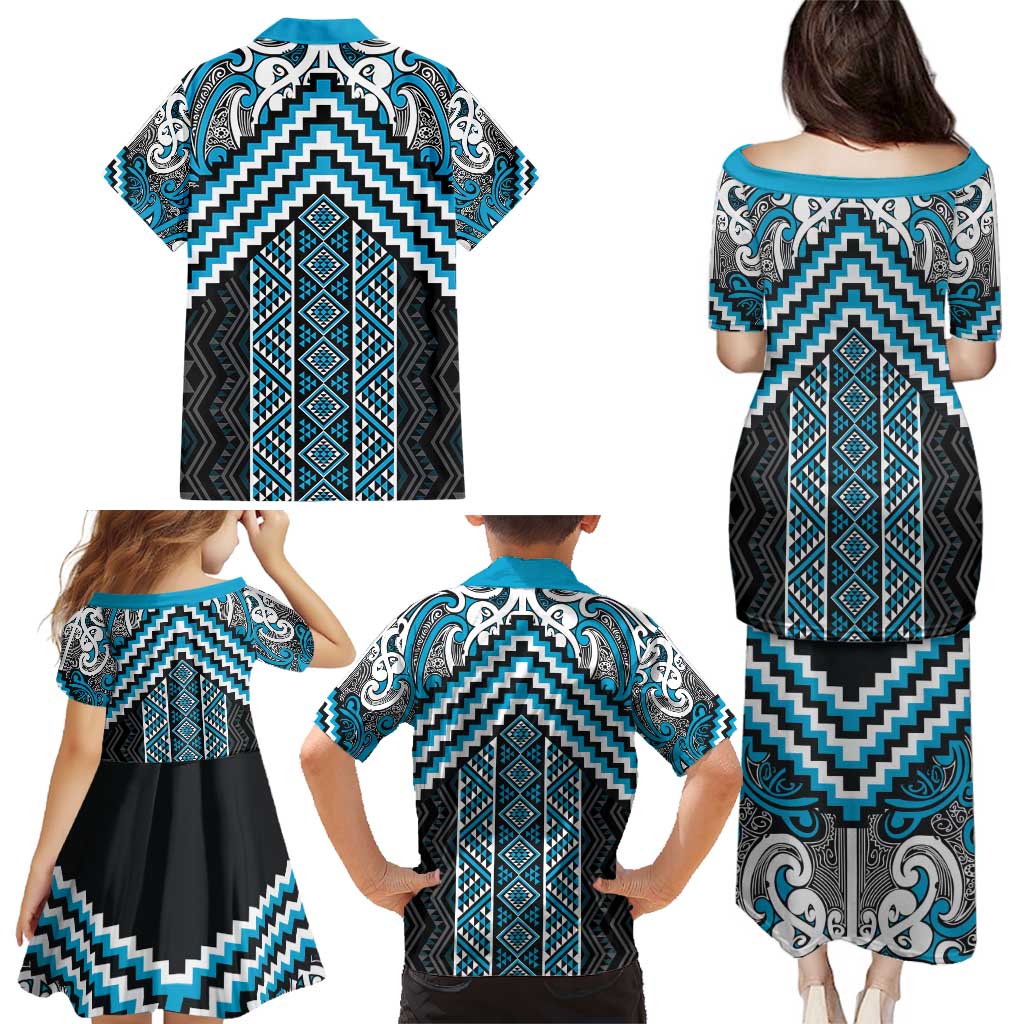 Maori Tukutuku Taniko Motifs Family Matching Puletasi and Hawaiian Shirt Turquoise Poutama Mix Kowhaiwhai LT7 - Polynesian Pride