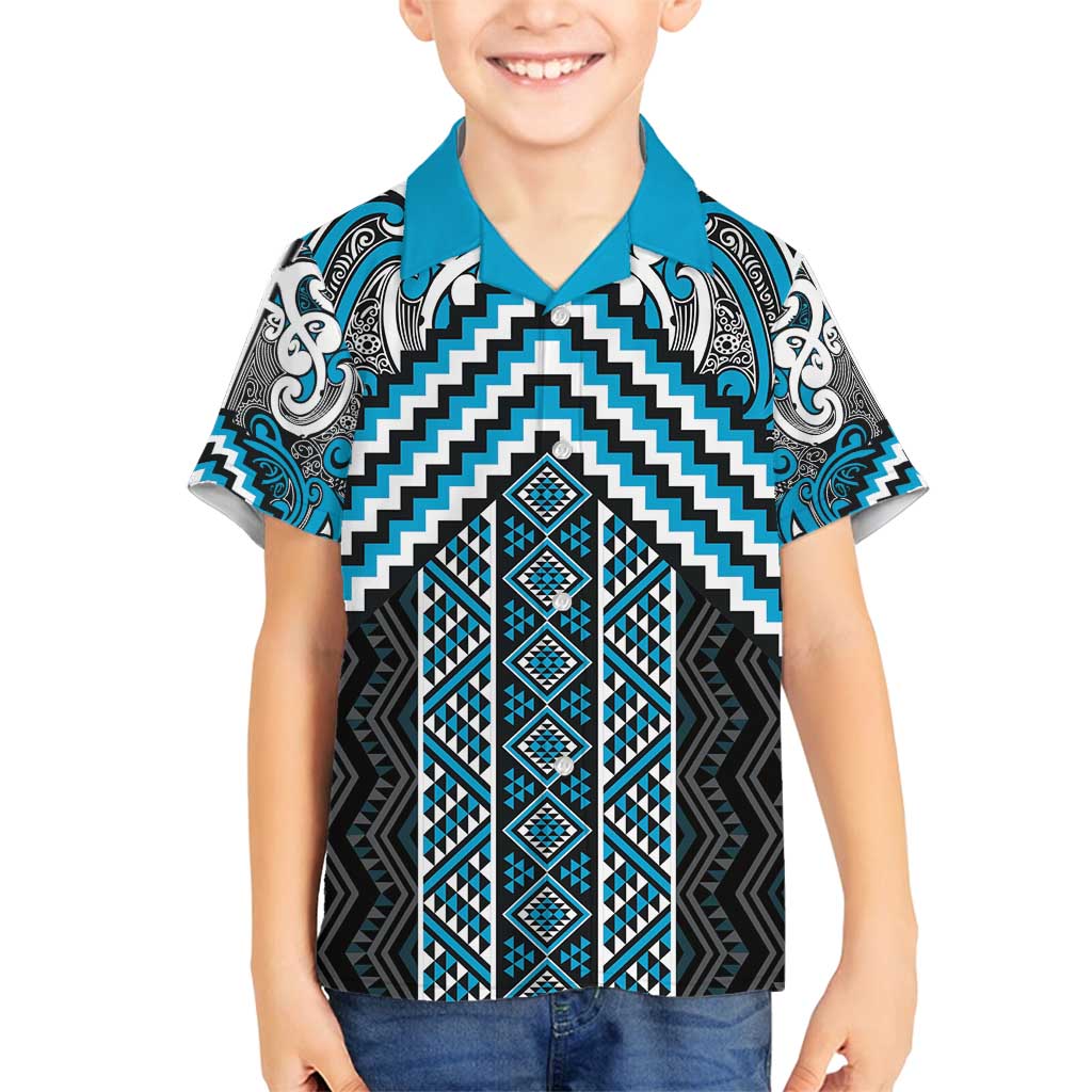 Maori Tukutuku Taniko Motifs Family Matching Puletasi and Hawaiian Shirt Turquoise Poutama Mix Kowhaiwhai LT7 Son's Shirt Turquoise - Polynesian Pride