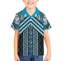 Maori Tukutuku Taniko Motifs Family Matching Puletasi and Hawaiian Shirt Turquoise Poutama Mix Kowhaiwhai LT7 Son's Shirt Turquoise - Polynesian Pride