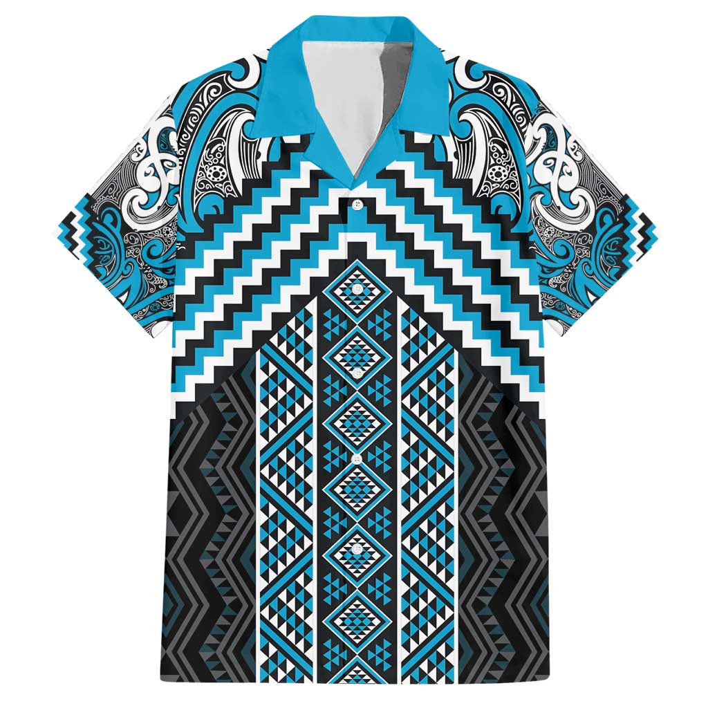 Maori Tukutuku Taniko Motifs Family Matching Short Sleeve Bodycon Dress and Hawaiian Shirt Turquoise Poutama Mix Kowhaiwhai LT7 Dad's Shirt - Short Sleeve Turquoise - Polynesian Pride