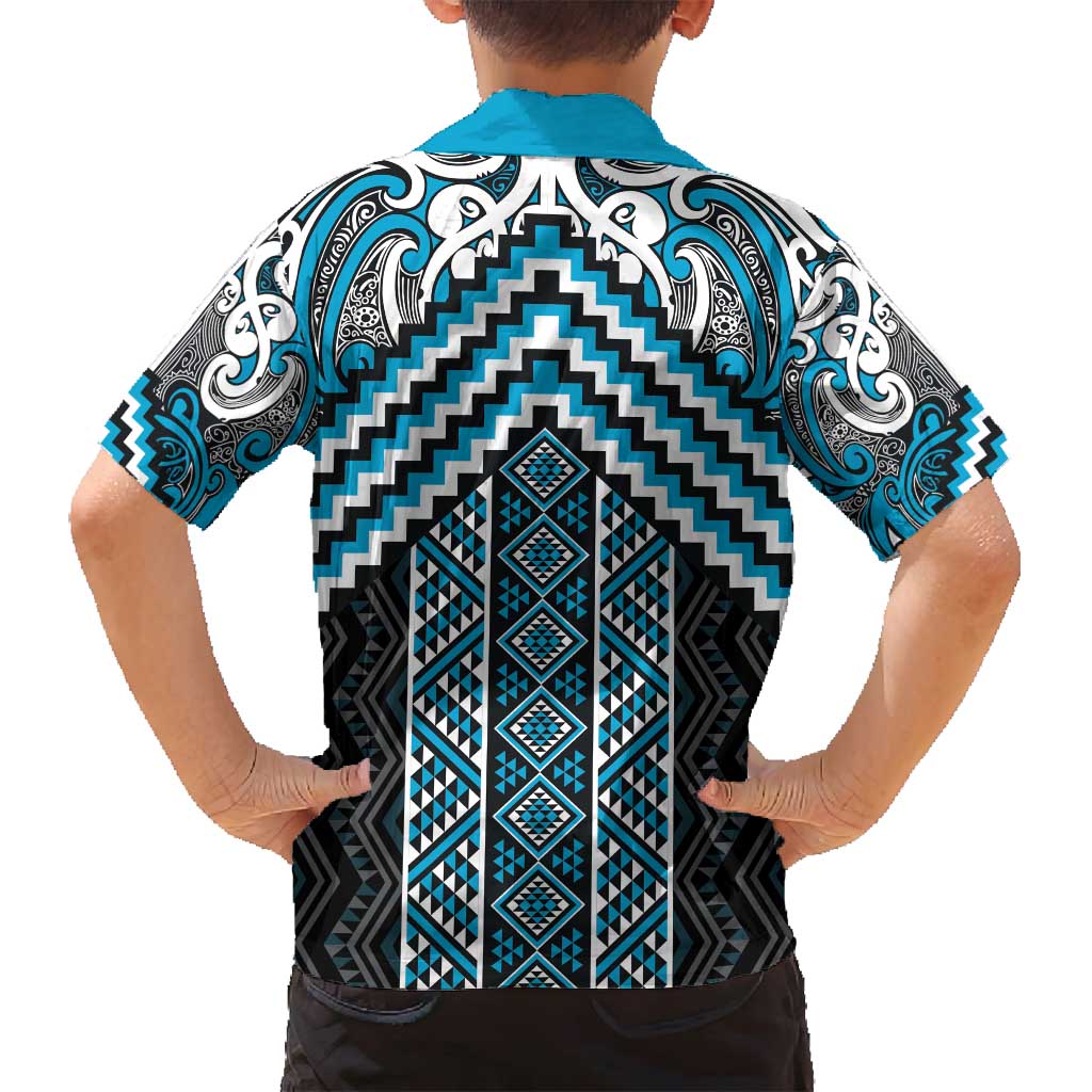 Maori Tukutuku Taniko Motifs Family Matching Summer Maxi Dress and Hawaiian Shirt Turquoise Poutama Mix Kowhaiwhai LT7 - Polynesian Pride