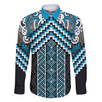 Maori Tukutuku Taniko Motifs Family Matching Summer Maxi Dress and Hawaiian Shirt Turquoise Poutama Mix Kowhaiwhai LT7 Dad's Shirt - Long Sleeve Turquoise - Polynesian Pride