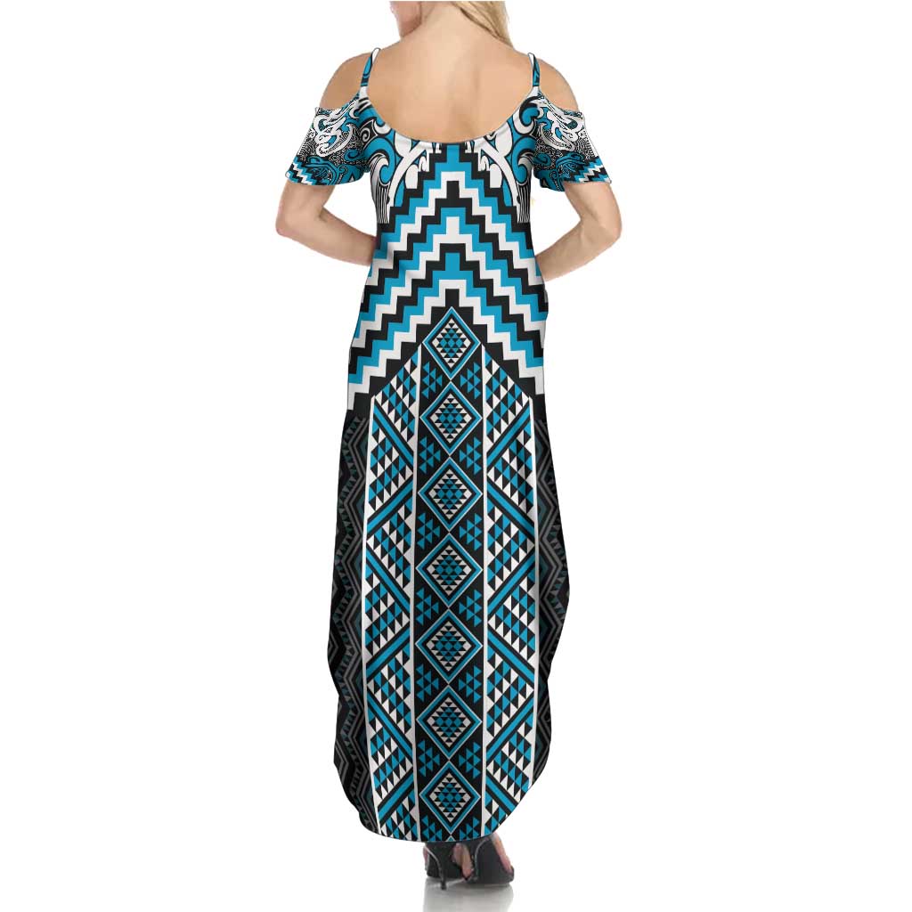 Maori Tukutuku Taniko Motifs Family Matching Summer Maxi Dress and Hawaiian Shirt Turquoise Poutama Mix Kowhaiwhai LT7 - Polynesian Pride