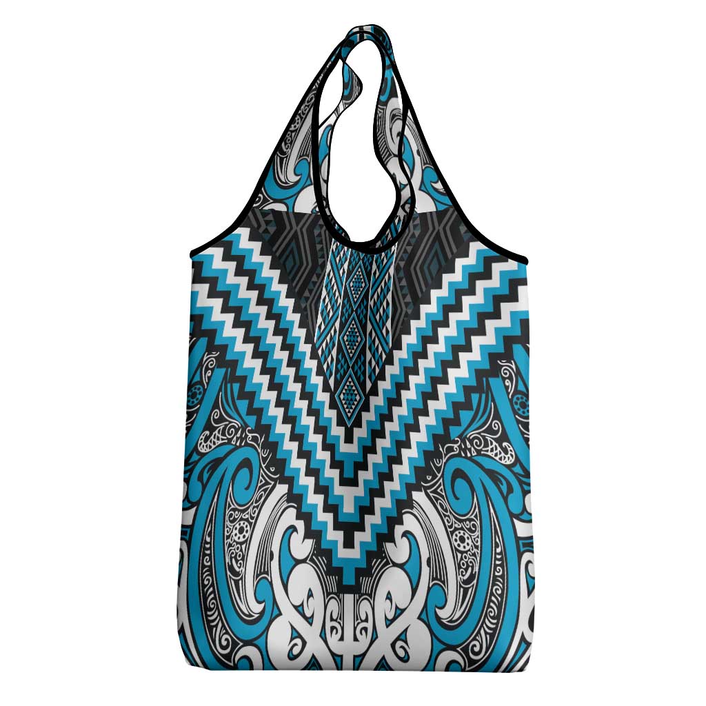Maori Tukutuku Taniko Motifs Grocery Bag Turquoise Poutama Mix Kowhaiwhai