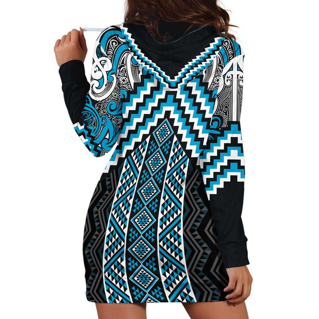 Maori Tukutuku Taniko Motifs Hoodie Dress Turquoise Poutama Mix Kowhaiwhai
