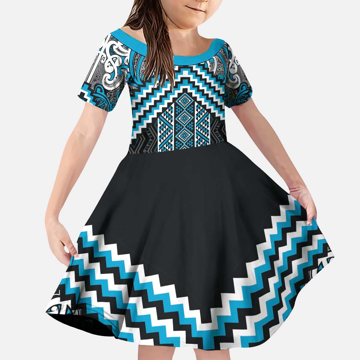 Maori Tukutuku Taniko Motifs Kid Short Sleeve Dress Turquoise Poutama Mix Kowhaiwhai