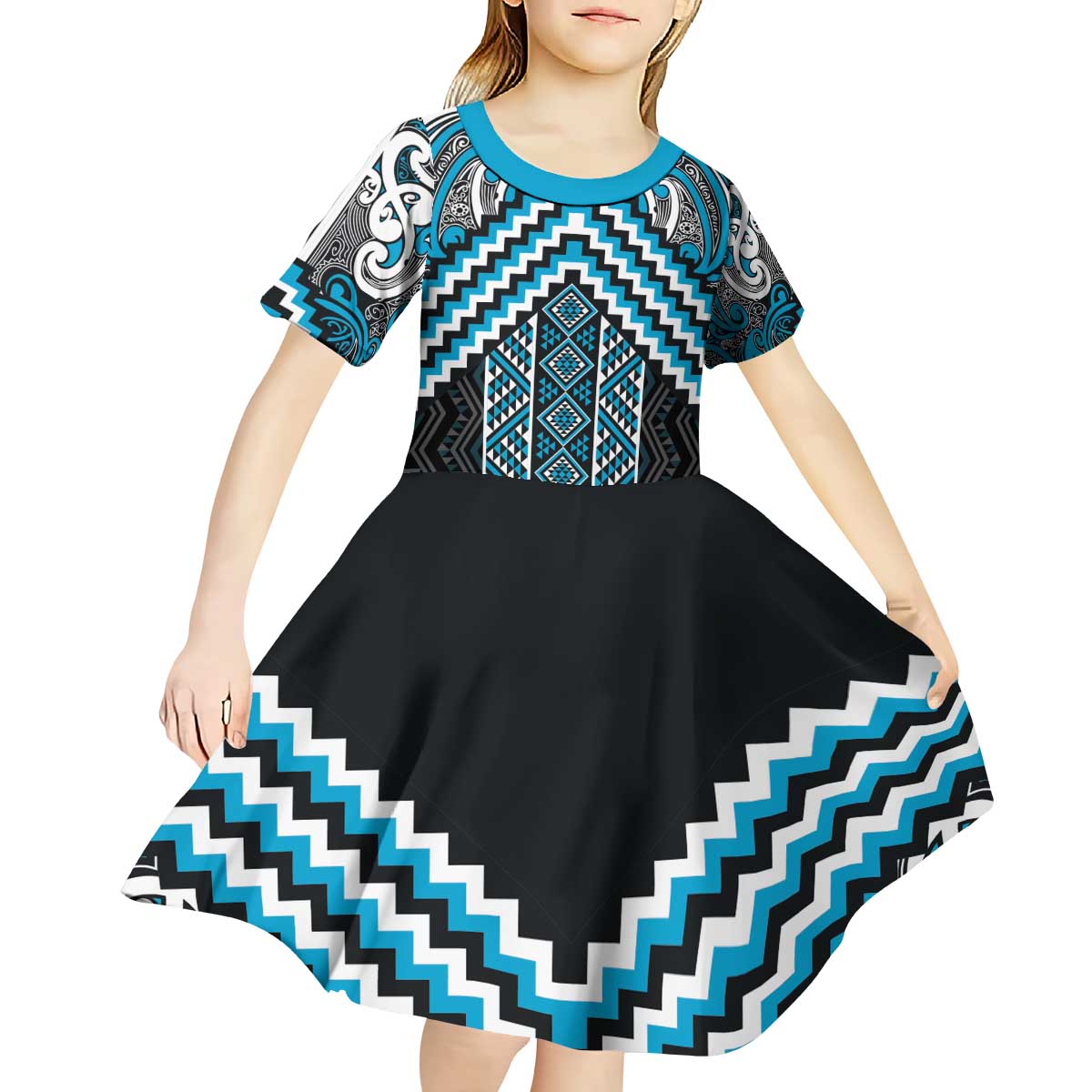 Maori Tukutuku Taniko Motifs Kid Short Sleeve Dress Turquoise Poutama Mix Kowhaiwhai