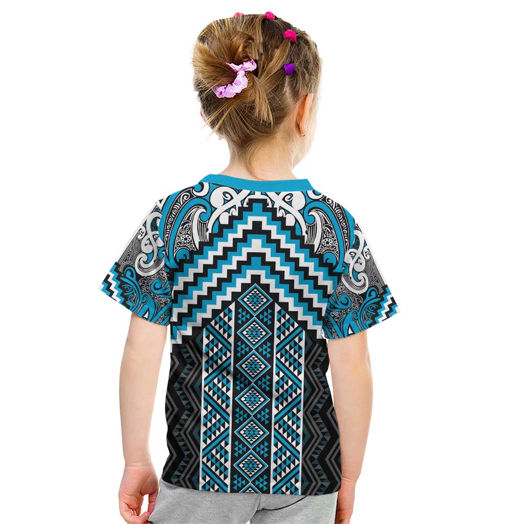 Maori Tukutuku Taniko Motifs Kid T Shirt Turquoise Poutama Mix Kowhaiwhai