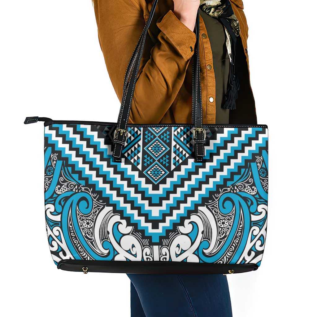 Maori Tukutuku Taniko Motifs Leather Tote Bag Turquoise Poutama Mix Kowhaiwhai