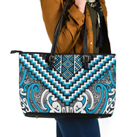 Maori Tukutuku Taniko Motifs Leather Tote Bag Turquoise Poutama Mix Kowhaiwhai