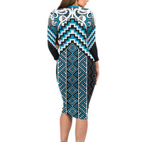 Maori Tukutuku Taniko Motifs Long Sleeve Bodycon Dress Turquoise Poutama Mix Kowhaiwhai LT7 - Polynesian Pride