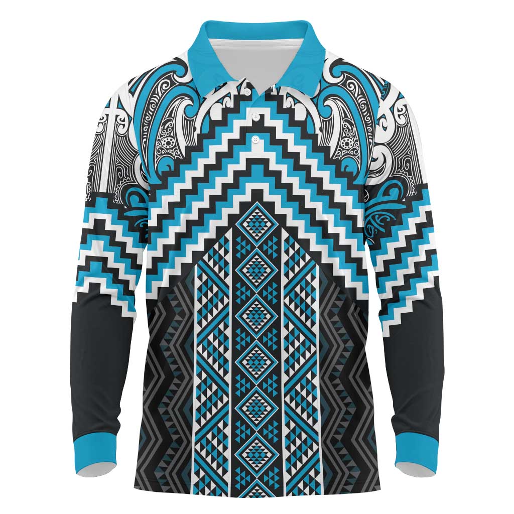 Maori Tukutuku Taniko Motifs Long Sleeve Polo Shirt Turquoise Poutama Mix Kowhaiwhai