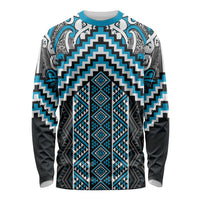 Maori Tukutuku Taniko Motifs Long Sleeve Shirt Turquoise Poutama Mix Kowhaiwhai