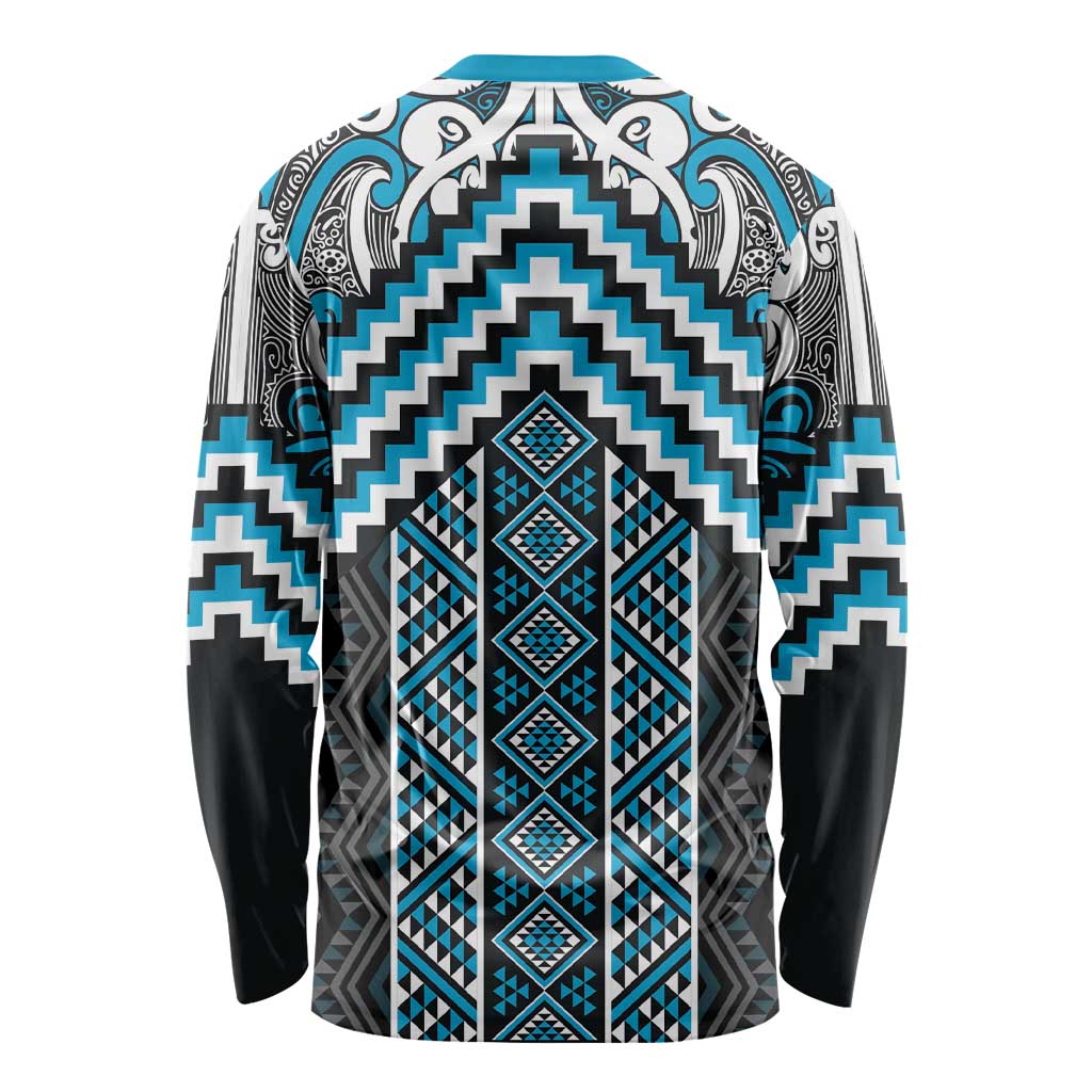 Maori Tukutuku Taniko Motifs Long Sleeve Shirt Turquoise Poutama Mix Kowhaiwhai