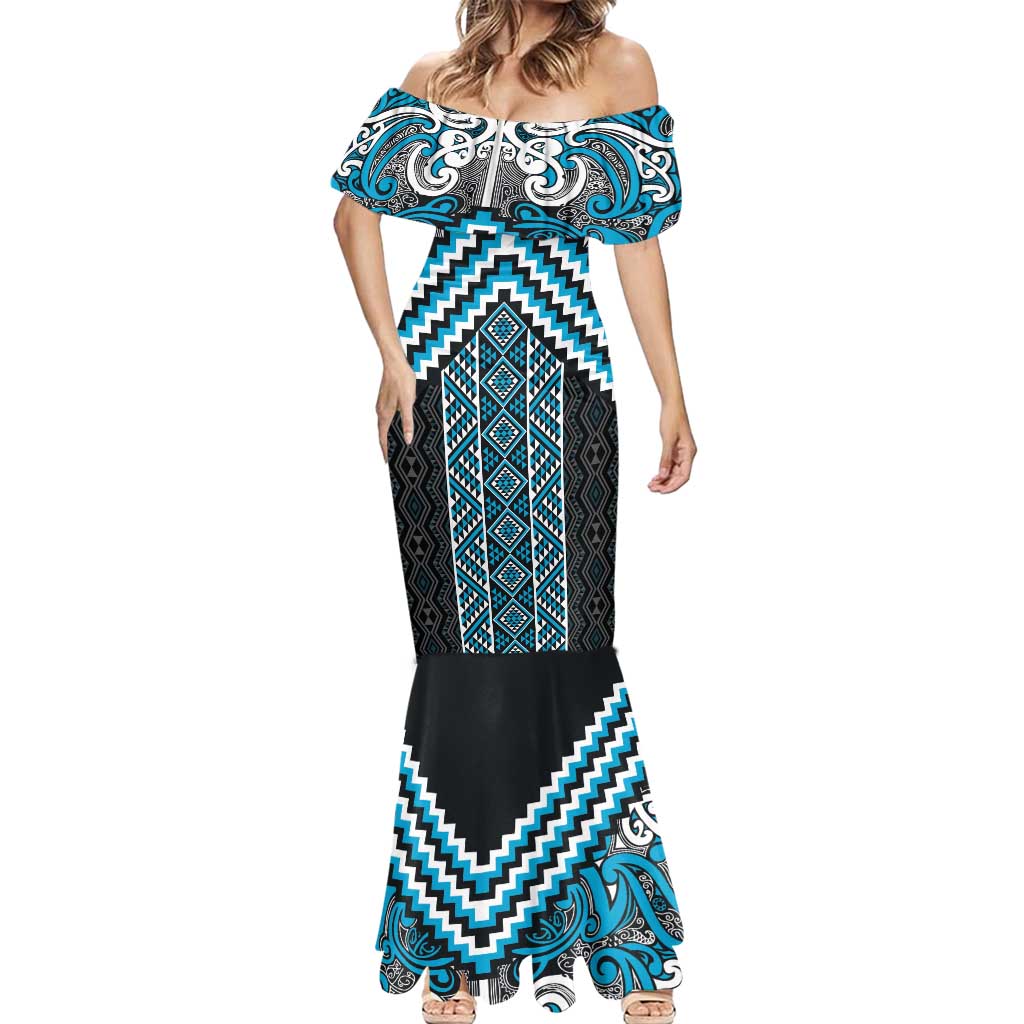 Maori Tukutuku Taniko Motifs Mermaid Dress Turquoise Poutama Mix Kowhaiwhai LT7 - Polynesian Pride