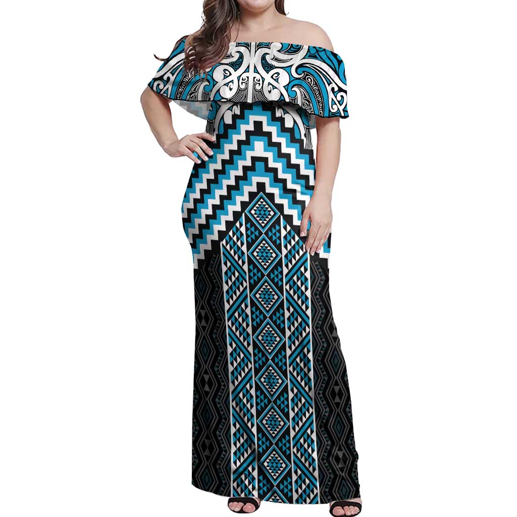 Maori Tukutuku Taniko Motifs Off Shoulder Maxi Dress Turquoise Poutama Mix Kowhaiwhai