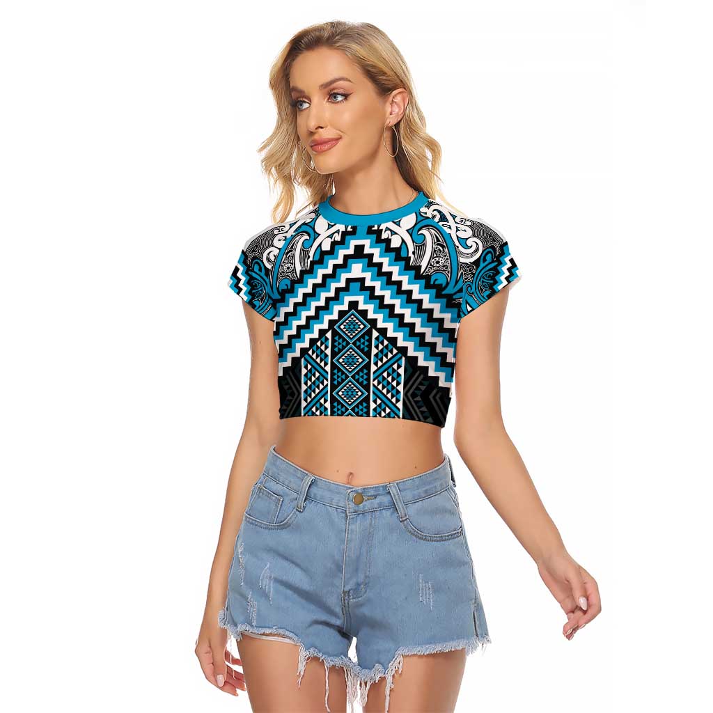 Maori Tukutuku Taniko Motifs Raglan Cropped T Shirt Turquoise Poutama Mix Kowhaiwhai