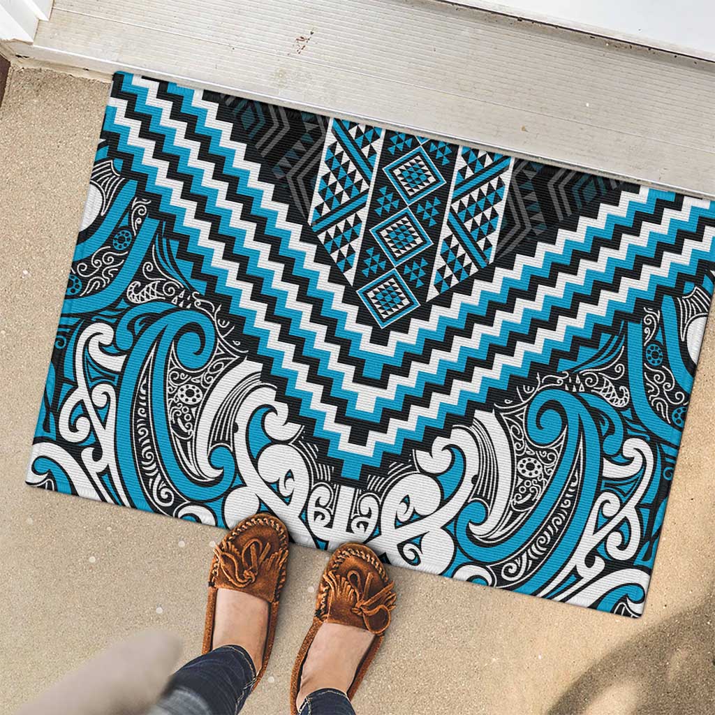 Maori Tukutuku Taniko Motifs Rubber Doormat Turquoise Poutama Mix Kowhaiwhai