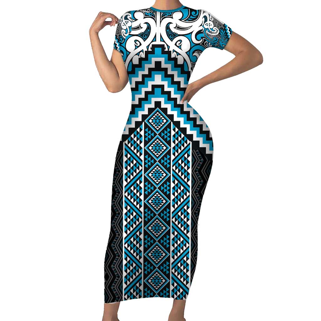 Maori Tukutuku Taniko Motifs Short Sleeve Bodycon Dress Turquoise Poutama Mix Kowhaiwhai LT7 Long Dress Turquoise - Polynesian Pride