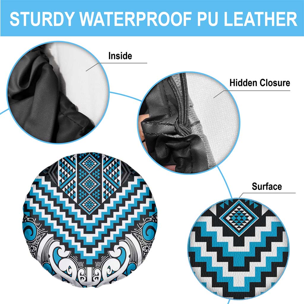 Maori Tukutuku Taniko Motifs Spare Tire Cover Turquoise Poutama Mix Kowhaiwhai