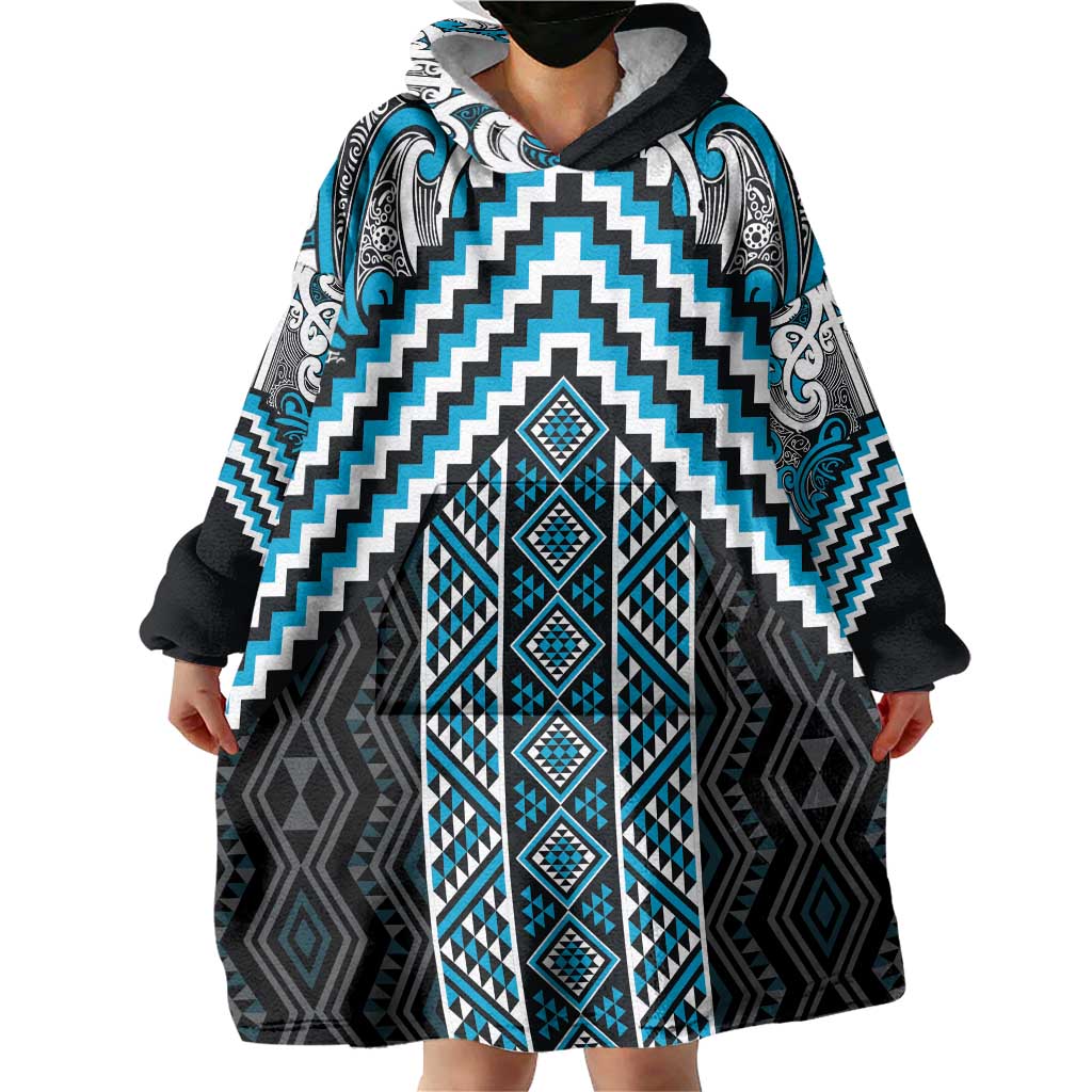 Maori Tukutuku Taniko Motifs Wearable Blanket Hoodie Turquoise Poutama Mix Kowhaiwhai LT7 - Polynesian Pride