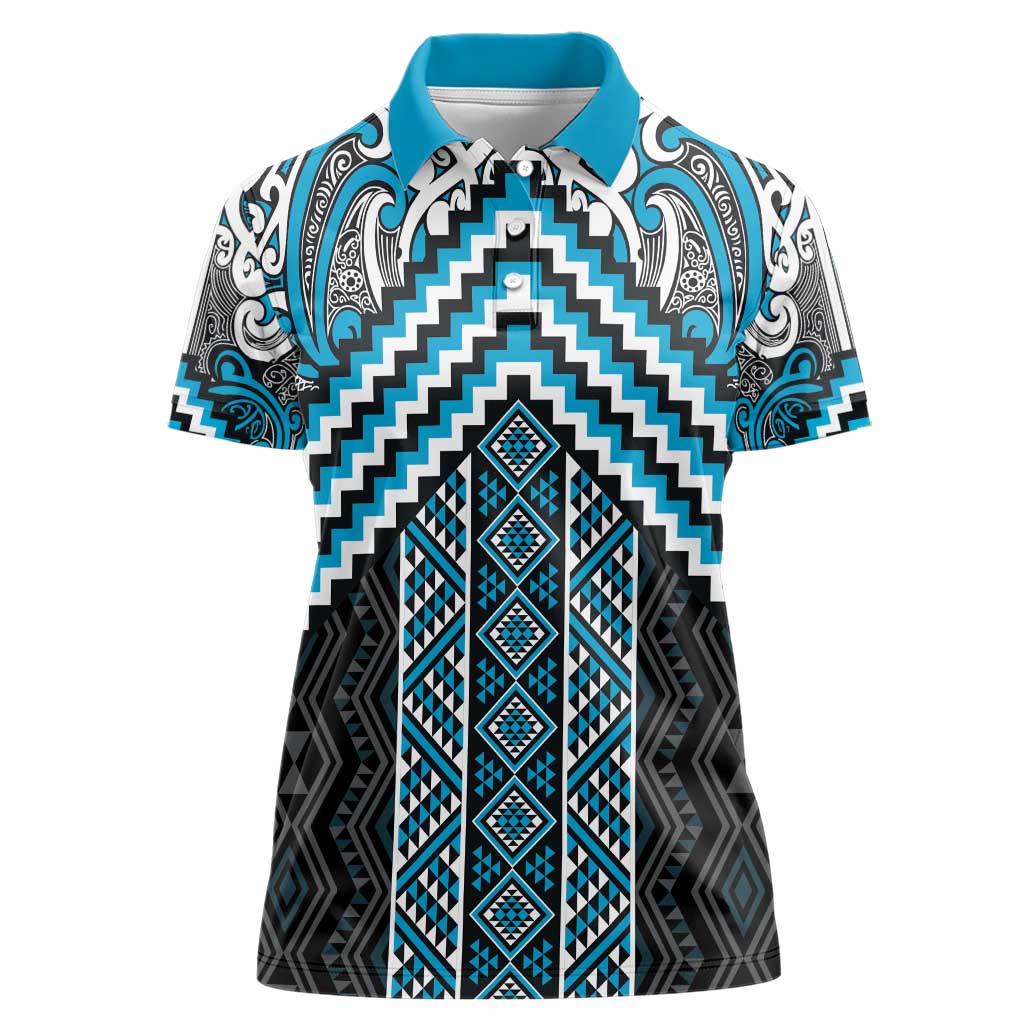 Maori Tukutuku Taniko Motifs Women Polo Shirt Turquoise Poutama Mix Kowhaiwhai