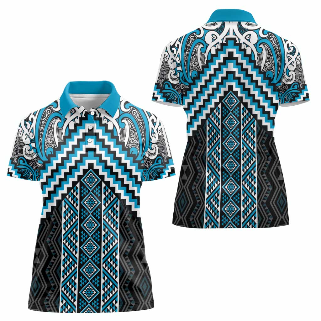 Maori Tukutuku Taniko Motifs Women Polo Shirt Turquoise Poutama Mix Kowhaiwhai