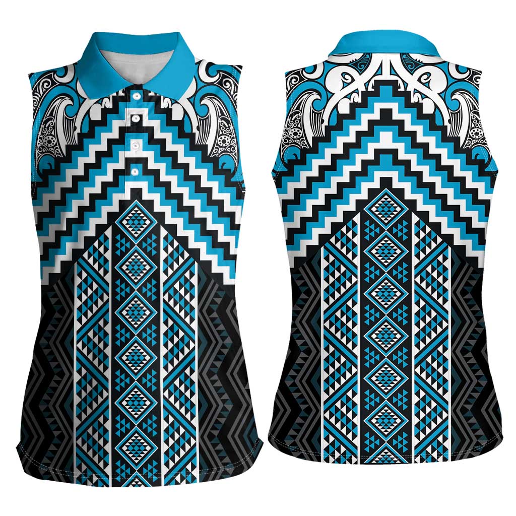 Maori Tukutuku Taniko Motifs Women Sleeveless Polo Shirt Turquoise Poutama Mix Kowhaiwhai