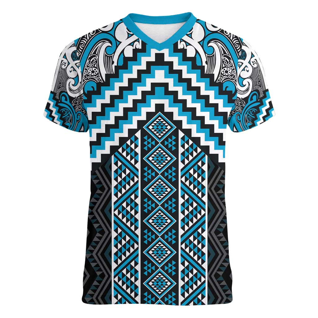 Maori Tukutuku Taniko Motifs Women V-Neck T-Shirt Turquoise Poutama Mix Kowhaiwhai