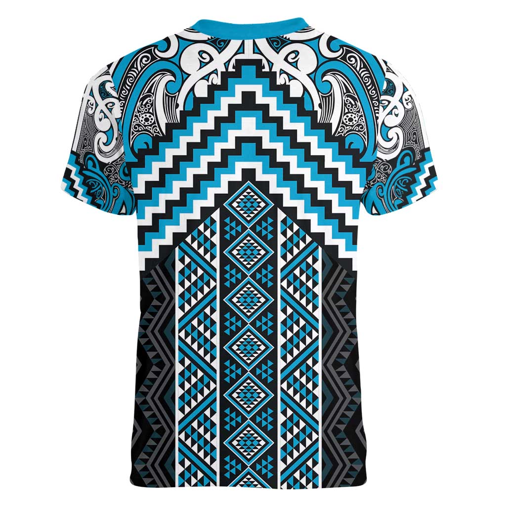 Maori Tukutuku Taniko Motifs Women V-Neck T-Shirt Turquoise Poutama Mix Kowhaiwhai