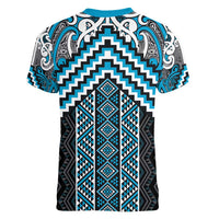 Maori Tukutuku Taniko Motifs Women V-Neck T-Shirt Turquoise Poutama Mix Kowhaiwhai