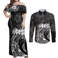 Polynesian Women's Day Couples Matching Off Shoulder Maxi Dress and Long Sleeve Button Shirt Plumeria Passion - Black LT7 Black - Polynesian Pride