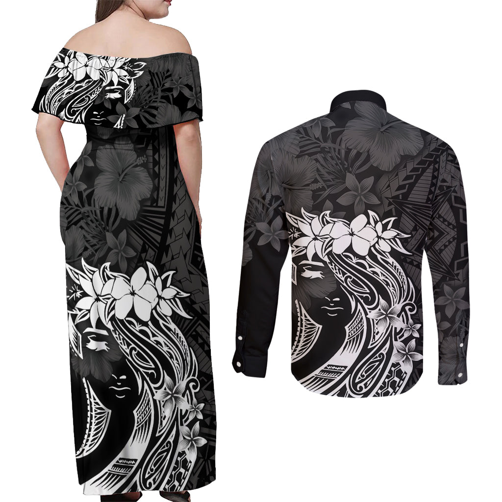 Polynesian Women's Day Couples Matching Off Shoulder Maxi Dress and Long Sleeve Button Shirt Plumeria Passion - Black LT7 - Polynesian Pride