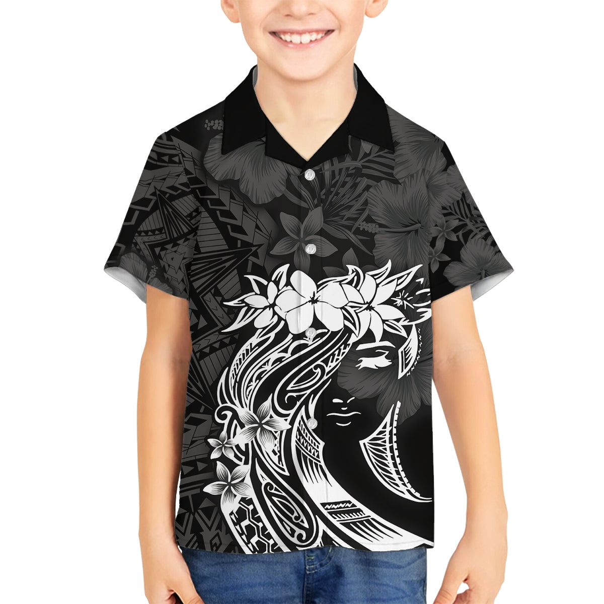 Polynesian Women's Day Family Matching Off Shoulder Long Sleeve Dress and Hawaiian Shirt Plumeria Passion - Black LT7 Son's Shirt Black - Polynesian Pride