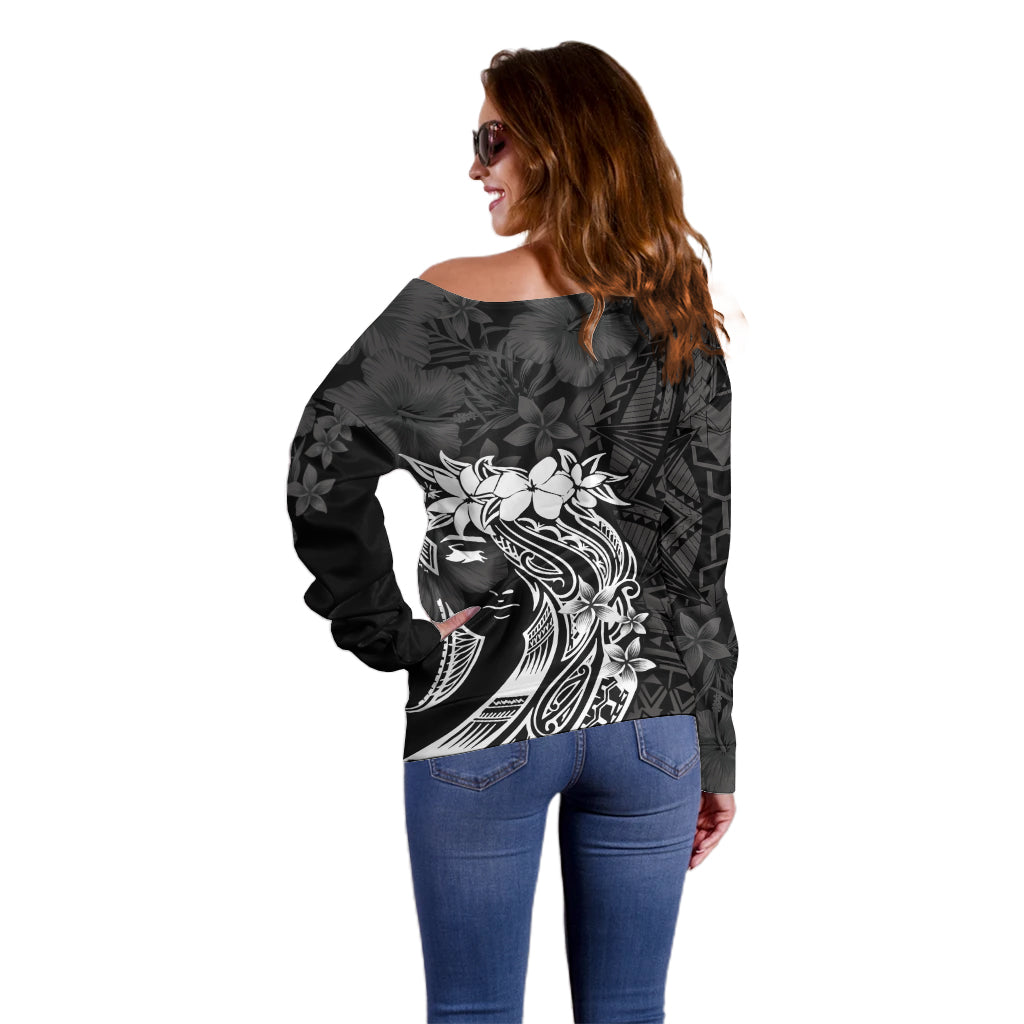 Polynesian Women's Day Off Shoulder Sweater Plumeria Passion - Black LT7 - Polynesian Pride