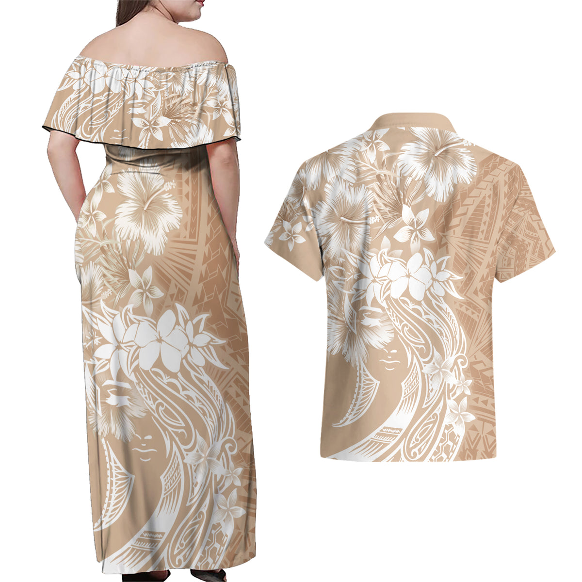 Polynesian Women's Day Couples Matching Off Shoulder Maxi Dress and Hawaiian Shirt Plumeria Passion - Beige LT7 - Polynesian Pride