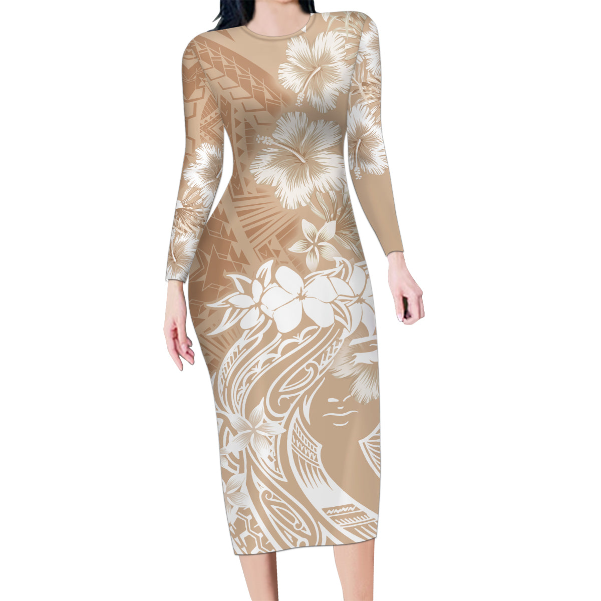 Polynesian Women's Day Family Matching Long Sleeve Bodycon Dress and Hawaiian Shirt Plumeria Passion - Beige LT7 Mom's Dress Beige - Polynesian Pride