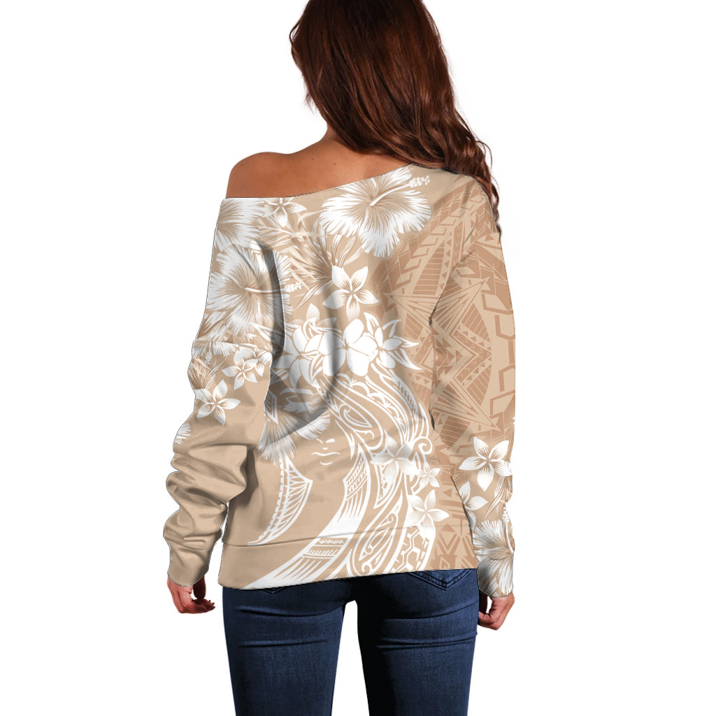 Polynesian Women's Day Off Shoulder Sweater Plumeria Passion - Beige LT7 - Polynesian Pride