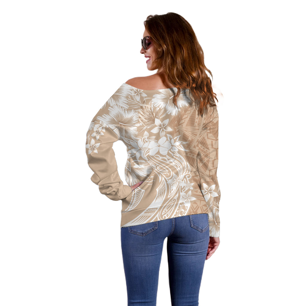 Polynesian Women's Day Off Shoulder Sweater Plumeria Passion - Beige LT7 - Polynesian Pride