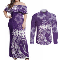 Polynesian Women's Day Couples Matching Off Shoulder Maxi Dress and Long Sleeve Button Shirt Plumeria Passion - Purple LT7 Purple - Polynesian Pride