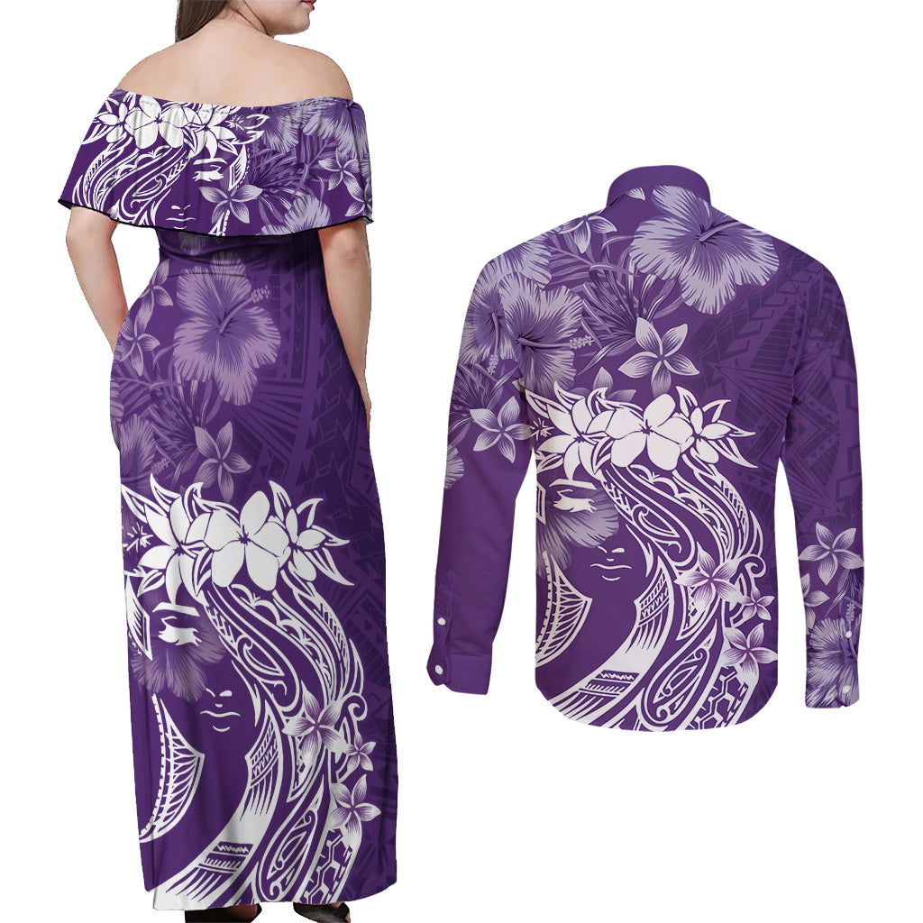 Polynesian Women's Day Couples Matching Off Shoulder Maxi Dress and Long Sleeve Button Shirt Plumeria Passion - Purple LT7 - Polynesian Pride